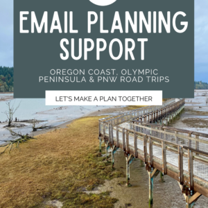 This product tile promotes email planning support for the Oregon Coast, Olympic Peninsula and road trips. There is a boardwalk in the background leading to a muddy estuary.