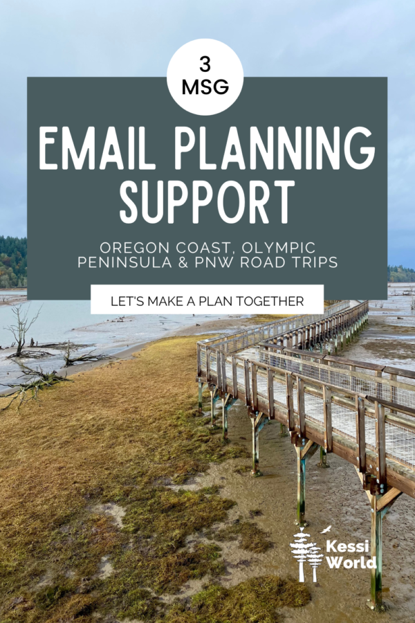 This product tile promotes email planning support for the Oregon Coast, Olympic Peninsula and road trips. There is a boardwalk in the background leading to a muddy estuary.