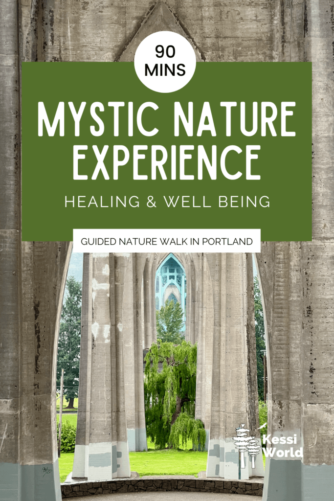 Product tile promoting mystic nature experience in portland oregon . The photo in the background shows the concrete cathedral like structures holding up the St. Johns Bridge.