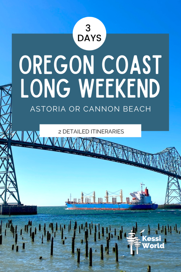 This product tile is promoting a long weekend in Astoria and Cannon Beach, on the Oregon Coast. The photo shows a large ship heading out to sea under the Astoria Bridge.