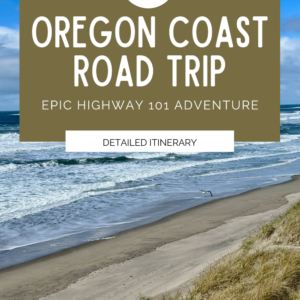 This product tile promotes a 5 day itinerary for an Oregon Coast road trip. The photo in the background is the surf of the Pacific Ocean washing ashore.