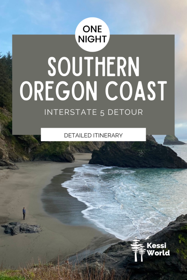Product tile that is selling an itinerary for the Southern Oregon Coast. The photo in the background has waves gliding onto a peaceful sandy beach with a person standing looking at the ocean.