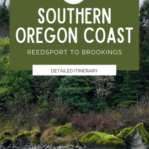 The product tile is promoting a 5 day itinerary on the Southern Oregon Coast. The photo in the background is a slow river flowing through moss covered rocks.