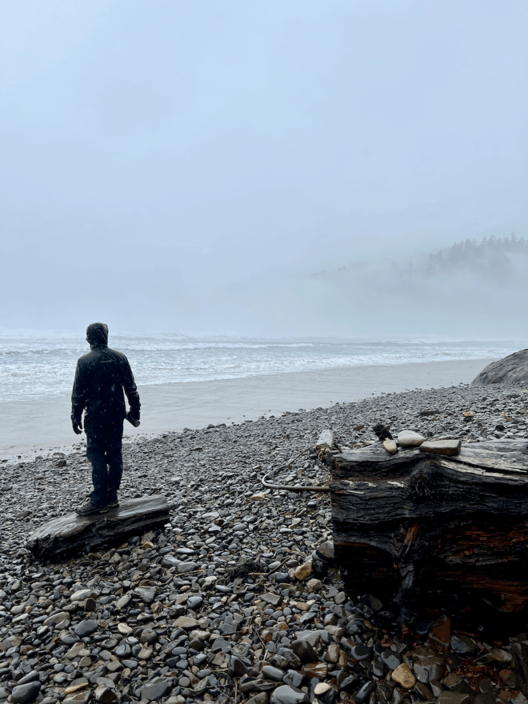 A hiker wearing black rain gear stands on a piece of driftwood on a beach with medium sized rocks. All looks very wet. In the background the mist floats above an Oregon Coast forest.