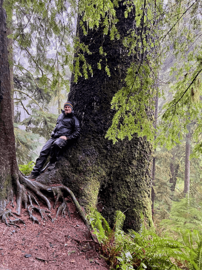 Matthew Kessi leans against an old growth sitka spruce tree on the Oregon Coast at Oswald West State Park. He's wearing black raingear head to toe that appears very wet, with a striped colored hat. There are roots from another smaller tree and green fir branches hanging down into the shot.