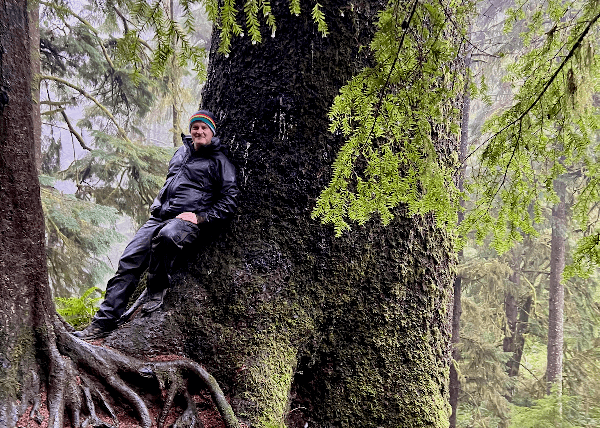 Matthew Kessi leans against an old growth sitka spruce tree on the Oregon Coast at Oswald West State Park. He's wearing black raingear head to toe that appears very wet, with a striped colored hat. There are roots from another smaller tree and green fir branches hanging down into the shot.