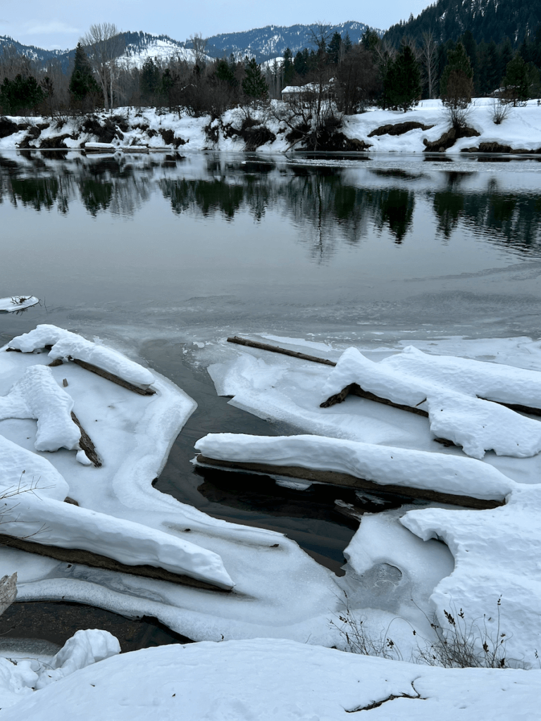 Logs along the Wenatchee River in Leavenworth are frozen in place and covered in snow. The river is quietly moving and the reflections of trees on the other side of the river can be seen.