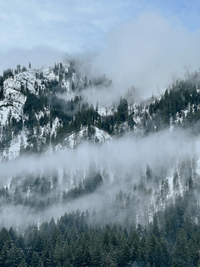 A misty winter mountain scene shows a snow-covered hill with trees and intermittent patches of snow with blue sky.