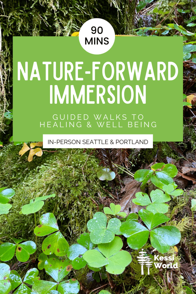 Pinterest pin that talks about nature-forward immersion, guided walks to healing and well being in Seattle and Portland. The banner is lime green with photo in the background of green clovers and moss in the deep forest.