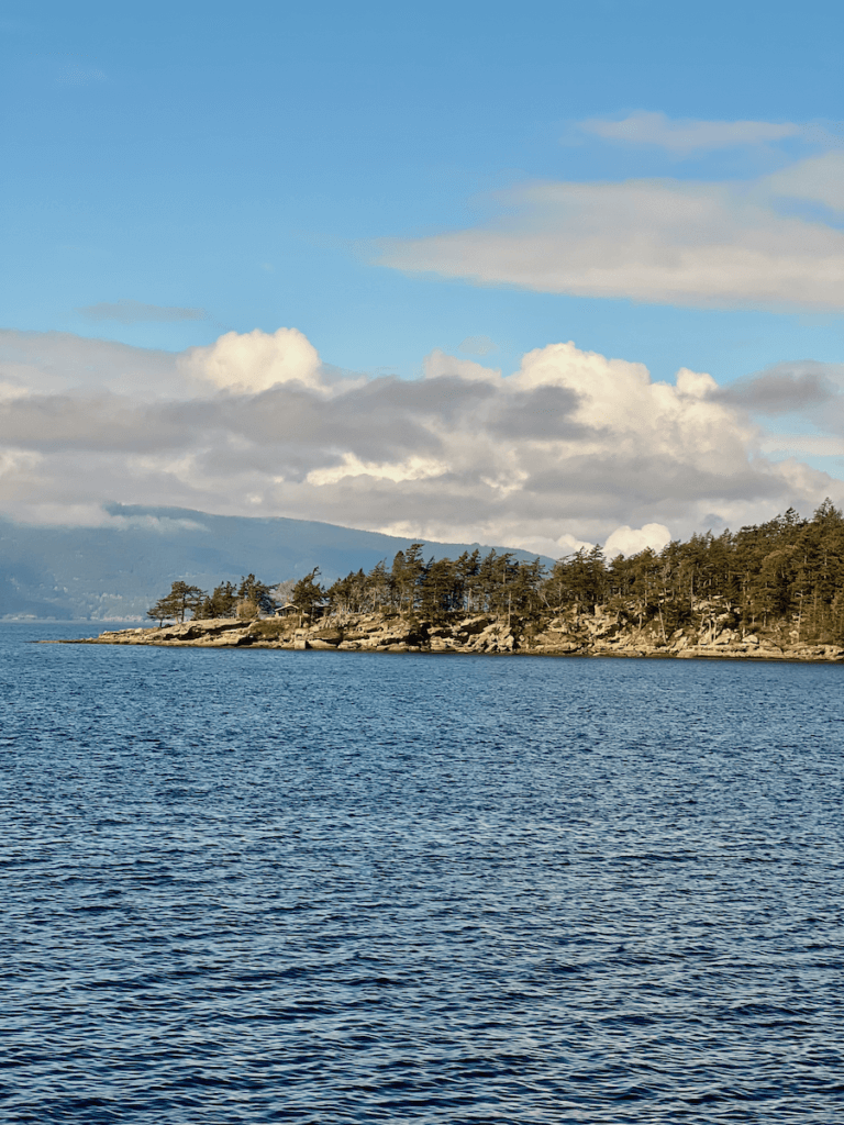 A beutiful view of the Salish Sea from the Amtrak train from Seattle to Vancouver, British Columbia. The sky is bright blue and reflects off the blue water while while and gray clouds cover islands in the distance.
