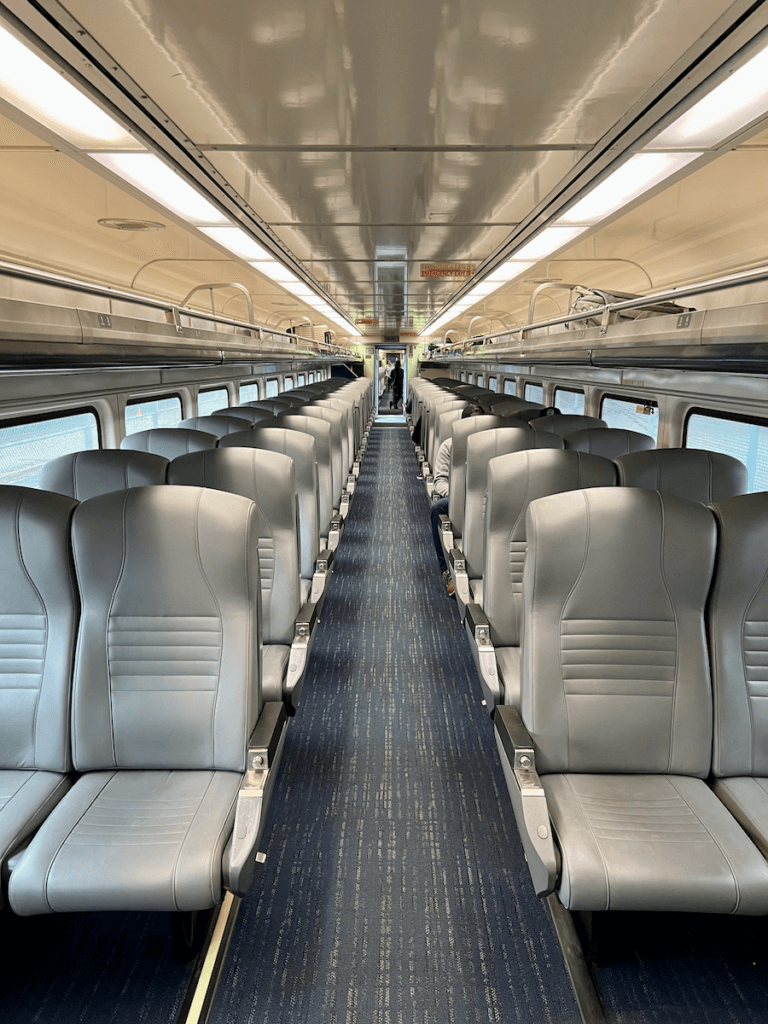 Coach seats aboard an Amtrak train. The carpet is blue with white specks while the seats are gray leather. The windows reveal daylight outside and the luggage racks aren't very full above the seating area.