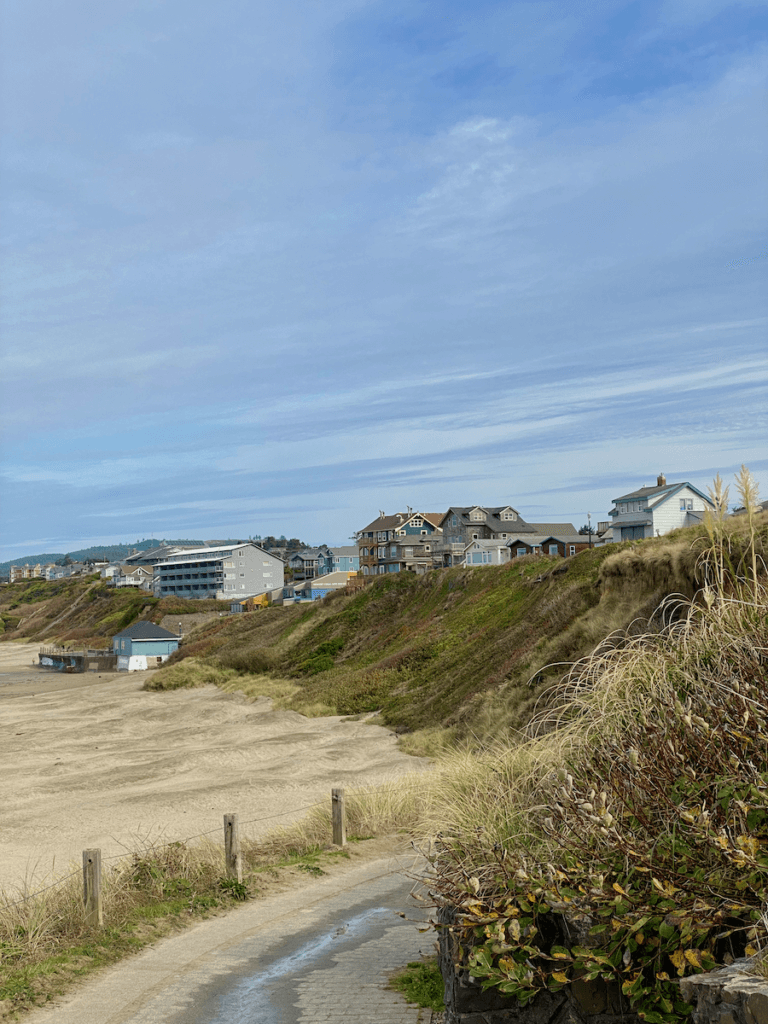 Nye Beach in Newport Oregon is a great nature thing to do because the sand is accessible. This photo shows the string of hotels perched along a cliff overlooking a flat sandy beach.