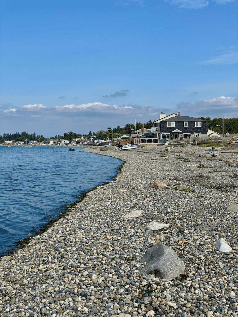 The coastline of the Salish Sea shows light chop on blue saltwater washing onto a rocky beach with houses in the distance under blue sky.