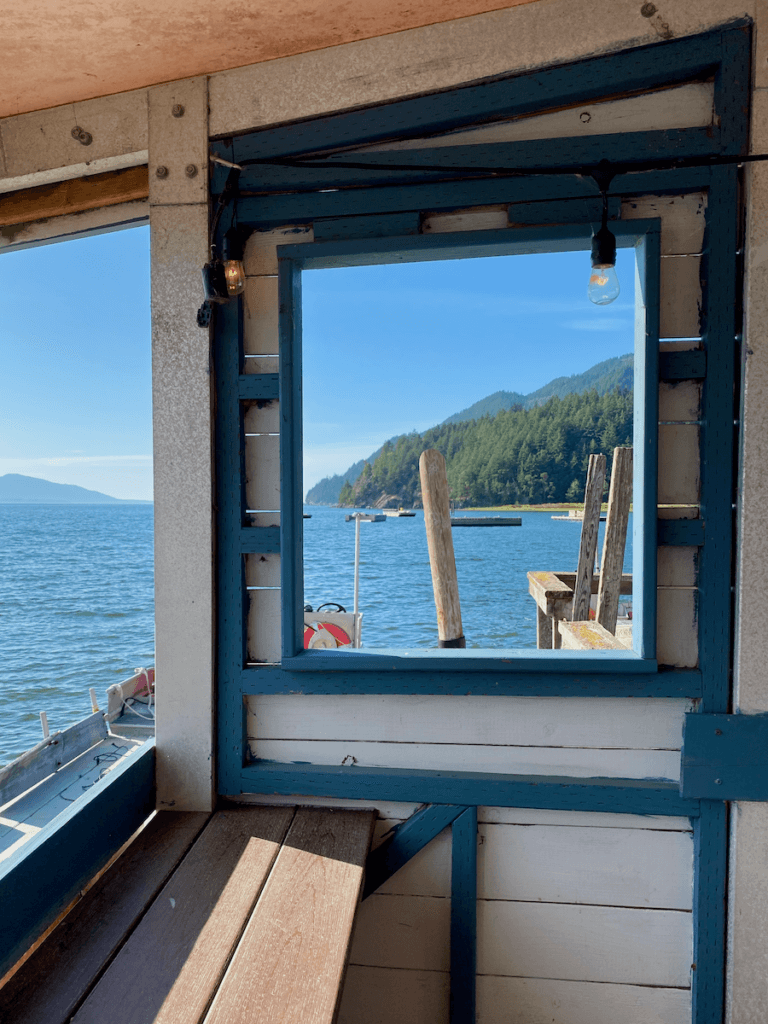 A view from the deck of Taylor Shellfish in Samish. The view looks out at the Salish Sea and on to land with trees and mountains in the distance under blue skies.
