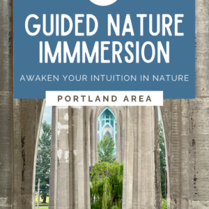 Tile promoting guided nature immersion in Portland, Oregon. The photo shows the cathedral arches under the St. Johns Bridge and the surrounding greenery in the park.