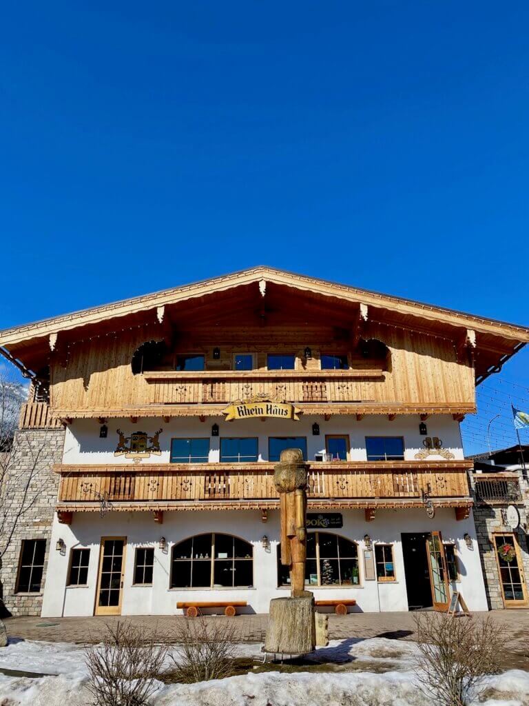 A chalet style hostel in Leavenworth, Washington depicts the charming Bavarian theme of the town in the middle of the Cascade Mountains. This is a popular stop on day trips from Seattle, Washington.