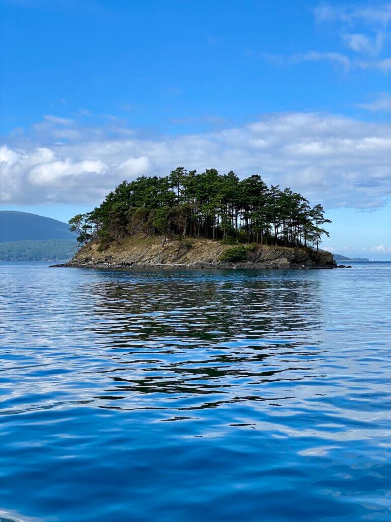 An island in the Salish Sea of Washington State pops up from deep blue saltwater with light puffy white clouds in the distance. This scene is like many perfect for meditation in the Pacific Northwest.