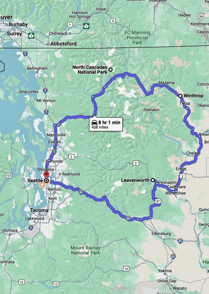 A google map that shows a road trip from Seattle to North Cascades National Park and then onward to Winthrop, Leavenworth and back to Seattle. The tones are green and the road trip routing is in blue.