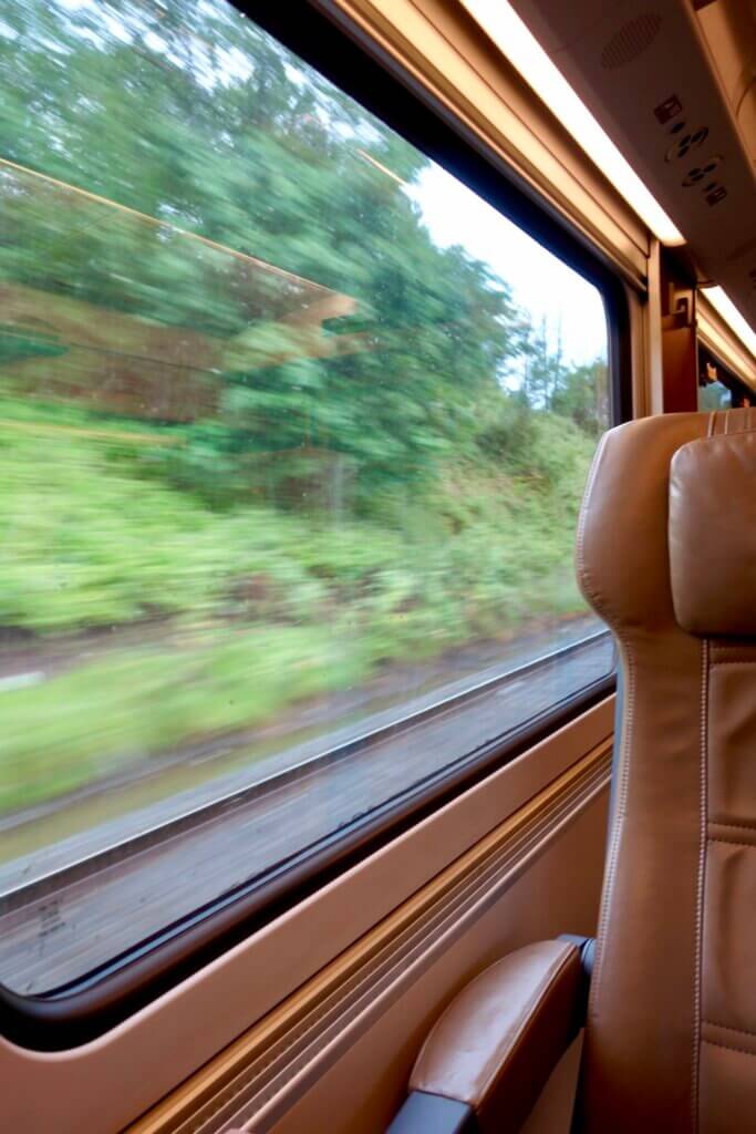 A business class seat on a Talgo train going between Seattle and Portland. The leather is soft brown and a large window shows the blurred landscape from a train in motion. 