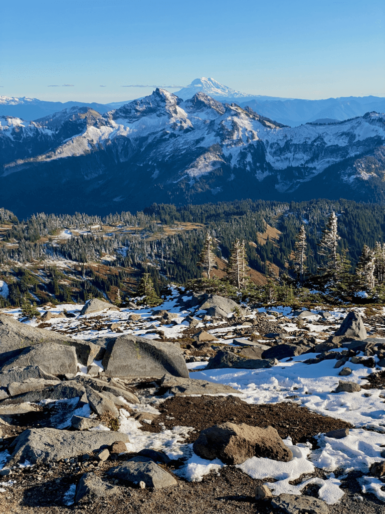 A view of Mt. Adams in the distance past the Tatoosh Range as seen from hiking around Paradise on Mt Rainier. In the foreground there are rocks and low ground cover with a sparkling of freshly fallen snow.