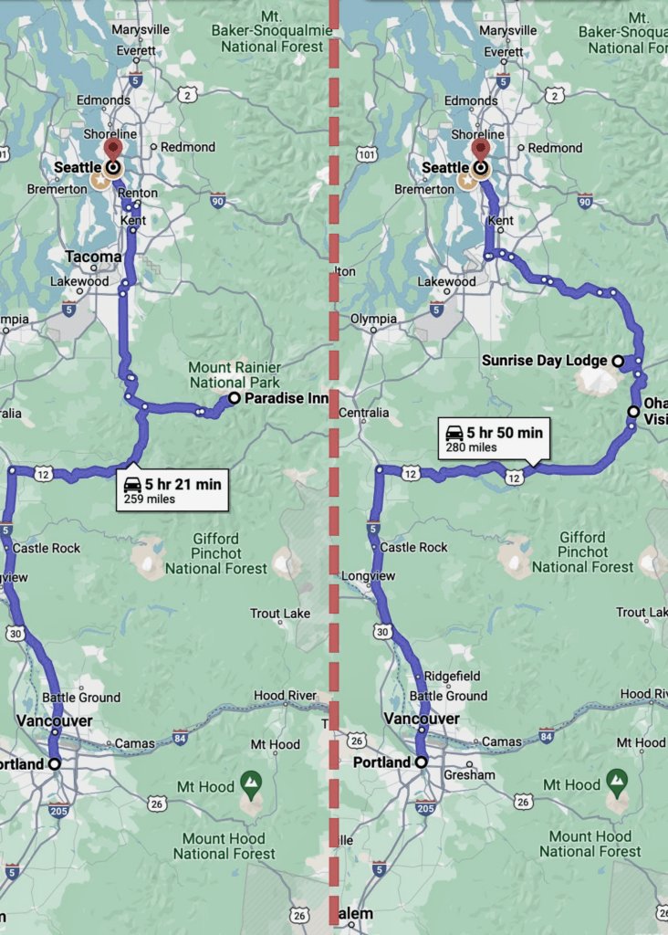 A google map shows the two options for a road trip from Portland to Mt. Rainier.