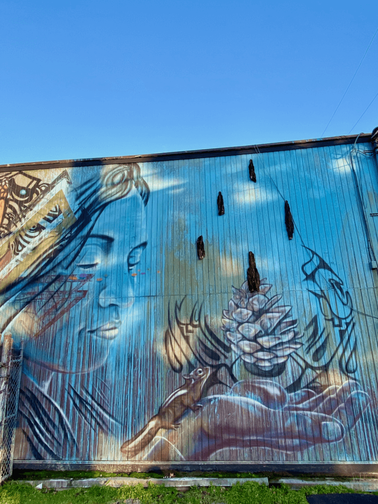 A wall mural in the Capitol Hill neighborhood of Seattle shows a native American woman holding a pinecone and chipmunk. The wall of the building is painted blue against a bright blue sky and green weeds on the base.