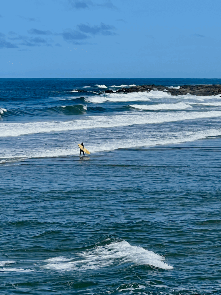 A thing to do in Yachats Oregon is go surfing, as we see in this photo. A person dressed in a black wet suit is carrying a yellow surf board as small waves flow into the shore. In the distance you can see rocks and more waves crashing against them.