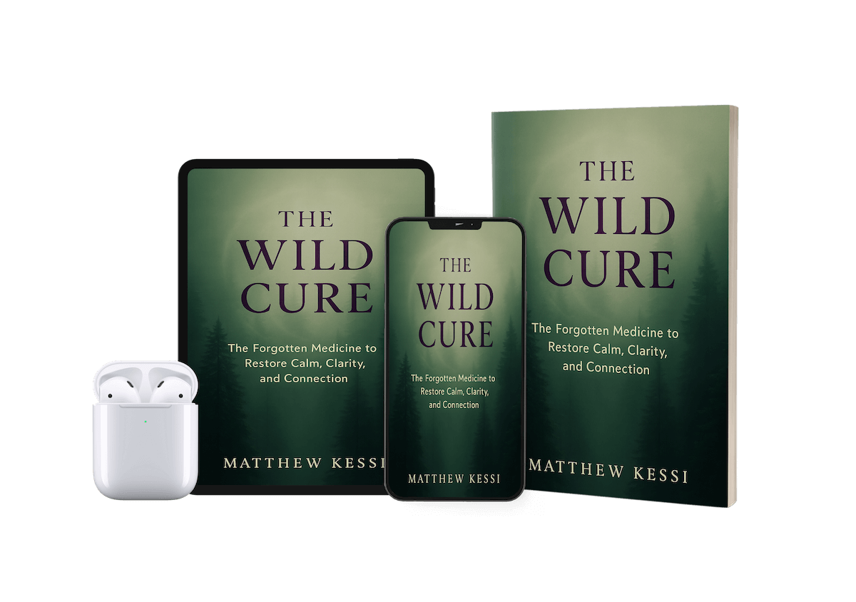 Images of the book The Wild Cure, including ear pods, a tablet, smart phone, and the book, all with the green background with trees and the purple letters saying The Wild Cure, The Forgotten Medicine to Restore Calm, Clarity, and Connection