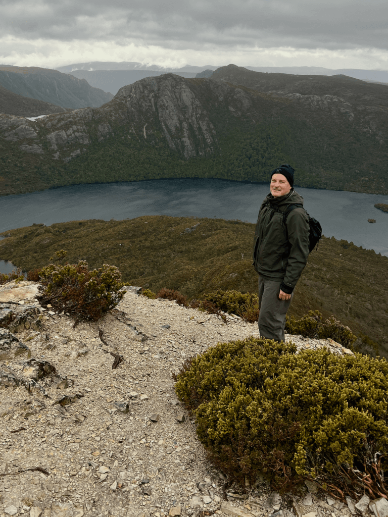 Matthew Kessi nature mentorship practice outdoors at the top of Cradle Mountain in Tasmania.